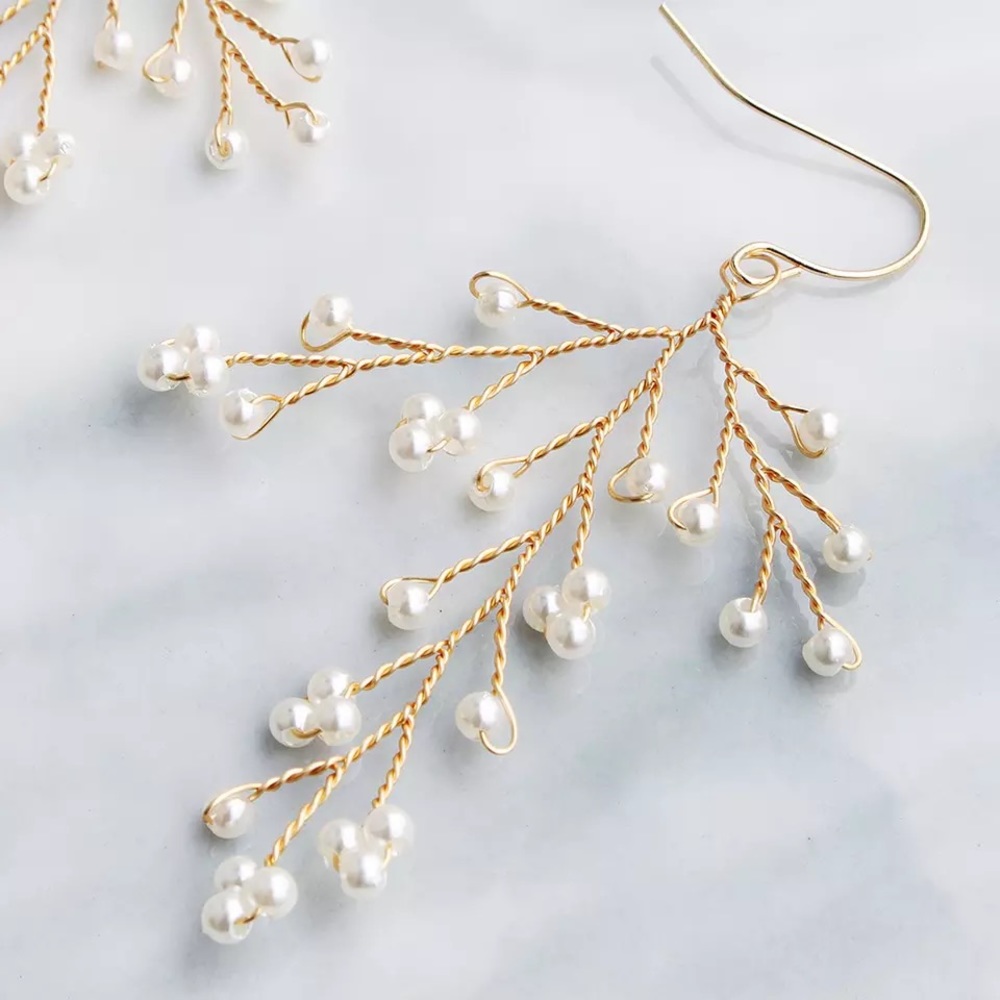 Delicate Gold and Pearl Bridal Dangle Earrings - Picture 7 of 16